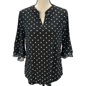 Kasper Long Sleeve Ruffle Cuff V-Neck Polka Dot Blouse - Black White - size PM